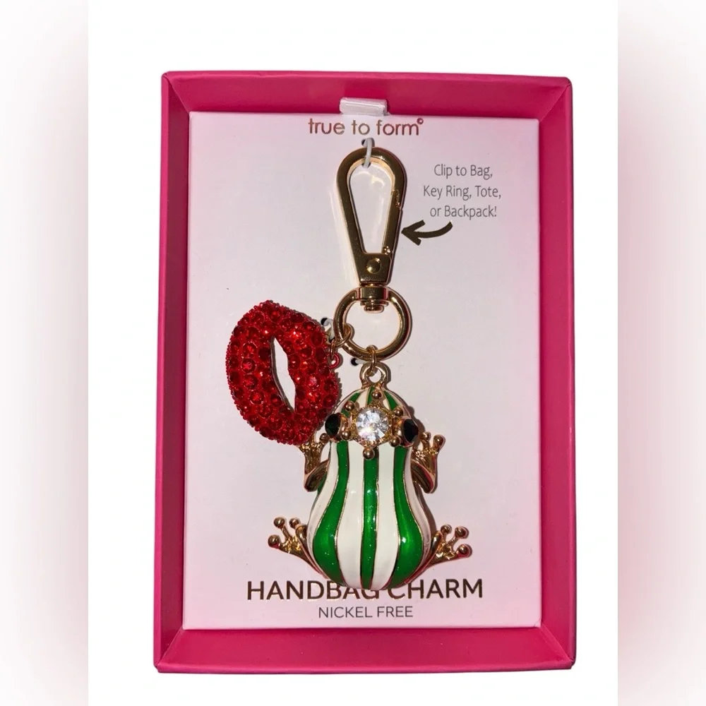TRUE TO FORM Striped Frog and Red Crystal Lips Keychain or Bag Charm NEW NWT